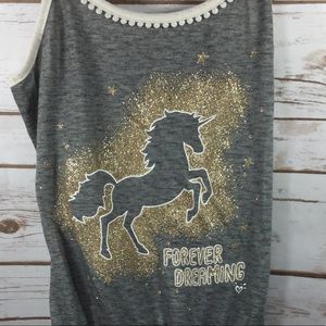 Justice gray with gold glitter unicorn romper pj’s